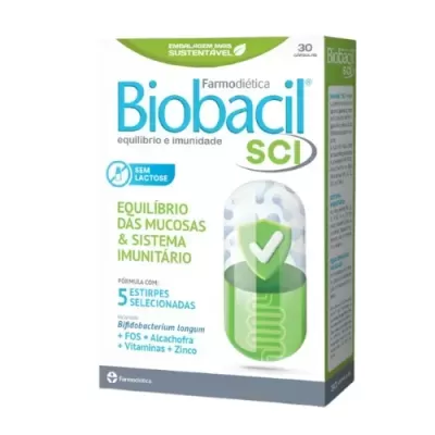 Caixa de suplemento Biobacil SCI com texto sobre equilíbrio das mucosas e sistema imunológico