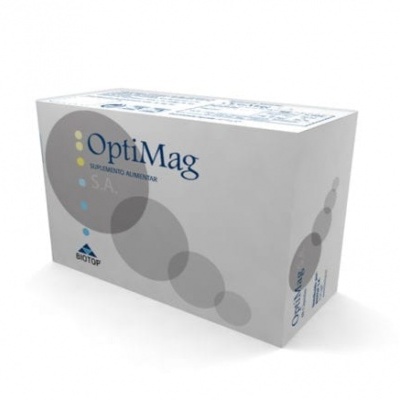 Embalagem branca do suplemento alimentar OptiMag com design de círculos cinza