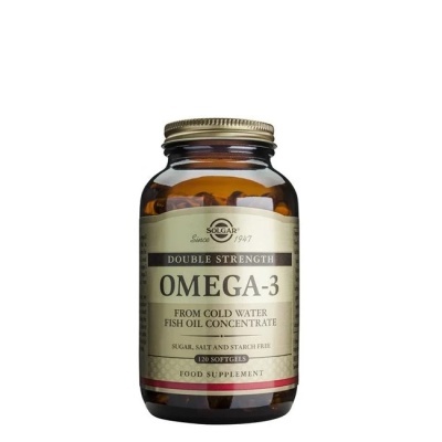 Frasco de suplemento alimentar Solgar Omega-3 com rótulo claro e cápsulas visíveis no interior.
