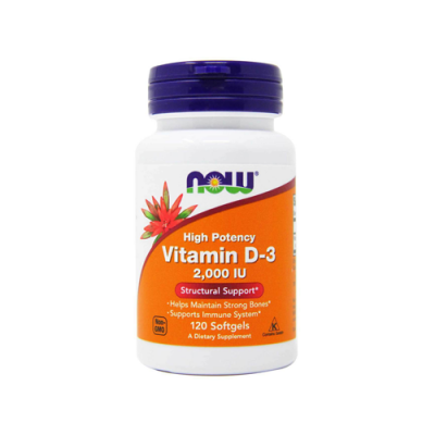 Frasco de Vitamina D-3 NOW com rótulo laranja e tampa azul