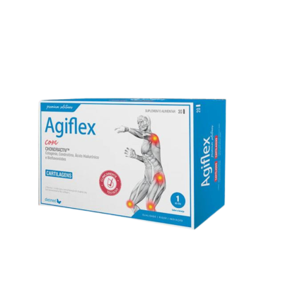 Embalagem do suplemento alimentar Agiflex azul e branca com imagem de corpo humano e indicação de dores articulares