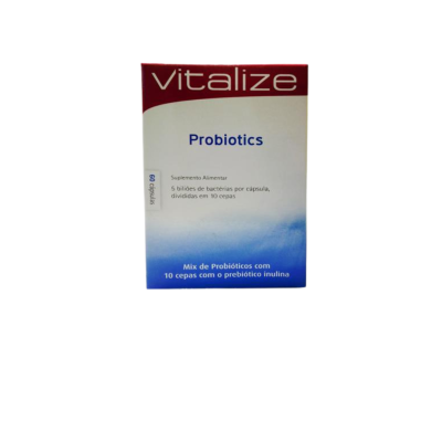 Embalagem do suplemento alimentar Vitalize Probiotics com cores branco, vermelho e azul
