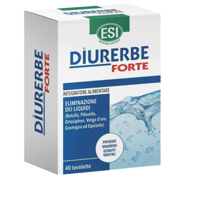 Embalagem do suplemento alimentar DIURERBE FORTE, fundo branco, texto azul e vermelho, imagem de água com bolhas.