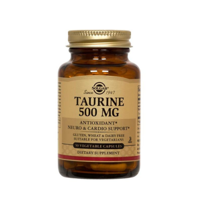 Frasco de Taurina 500 MG em vidro castanho com etiqueta bege e texto preto e dourado.