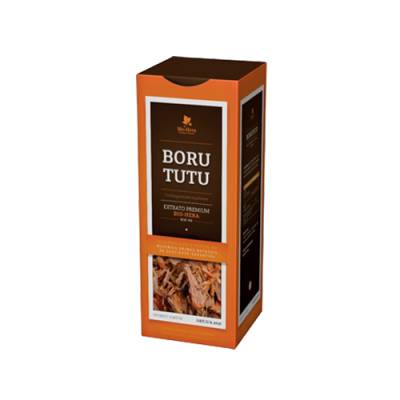 Caixa de extrato Boru Tutu castanha e laranja com texto e imagem do produto