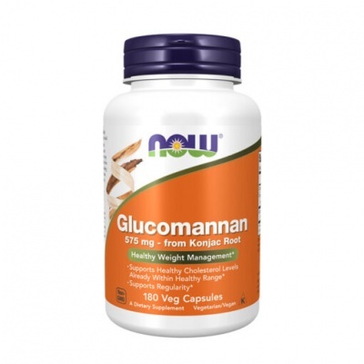 Frasco branco com cápsulas NOW Glucomannan para gestão de peso