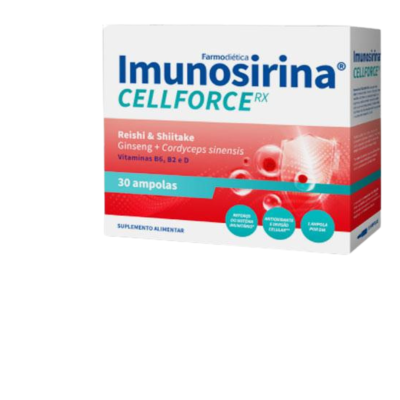 Embalagem do suplemento Imunosirina CELFORCE RX com detalhes em branco e vermelho