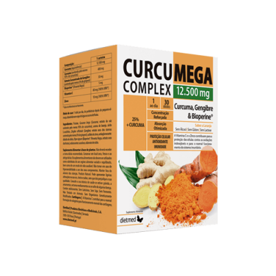 Caixa de suplemento CURCUMEGA COMPLEX com cúrcuma, gengibre e bioperine