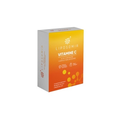 Embalagem do suplemento Vitamine C Liposomia com design amarelo e laranja