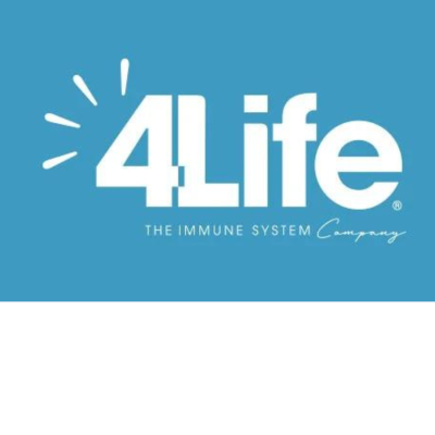 Logótipo 4Life com fundo azul e texto branco.