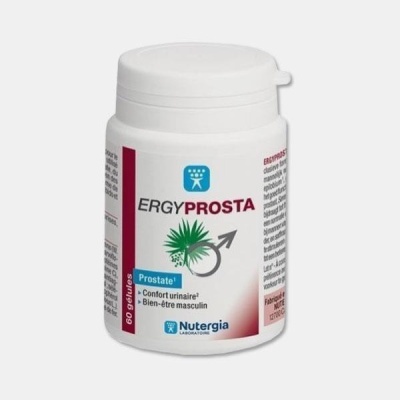 Frasco branco de suplemento alimentar ERGYPROSTA com texto e imagem de planta verde