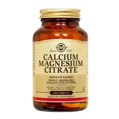 Frasco de suplemento dietético Solgar Calcium Magnesium Citrate