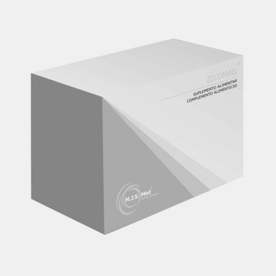 Caixa branca e cinza de suplemento alimentar ZILOMAG com texto e selo M.I.S. Med