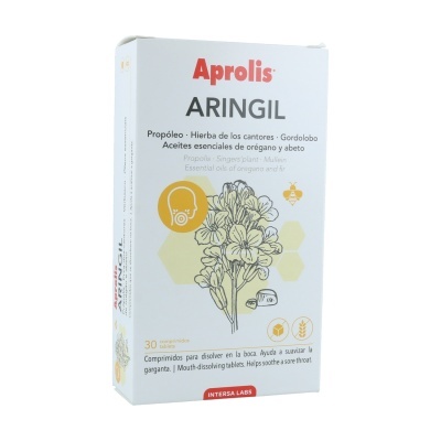 Embalagem branca de comprimidos Aprolis ARINGIL com ilustração de planta e texto em várias cores