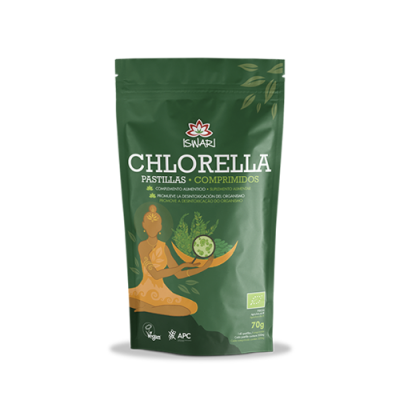 Embalagem verde de suplemento Chlorella em pastilhas da marca ISWARI