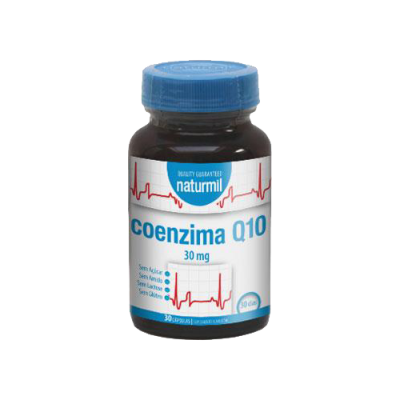 Frasco de suplemento Naturmil Coenzima Q10 30mg com tampa azul e rótulo branco com texto azul e vermelho