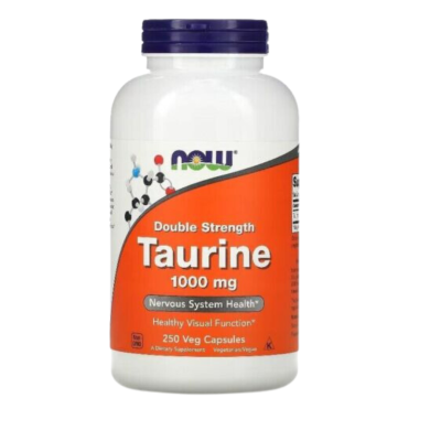 Frasco de suplemento NOW Taurine 1000 mg com etiqueta laranja e branca