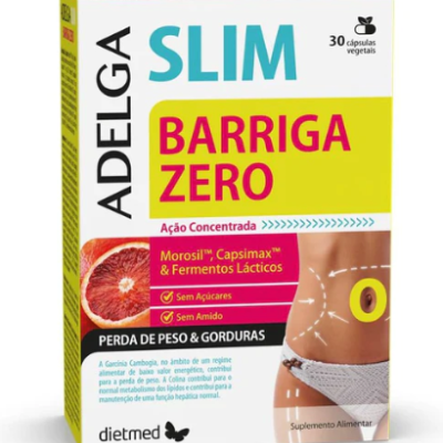 Embalagem de suplemento Adelga Slim Barriga Zero com imagem de toranja e parte do tronco de uma pessoa