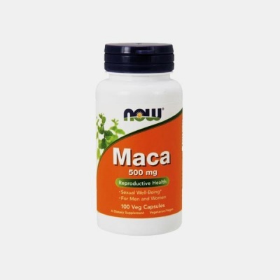 Frasco de suplemento NOW Maca 500 mg com cápsulas vegetais
