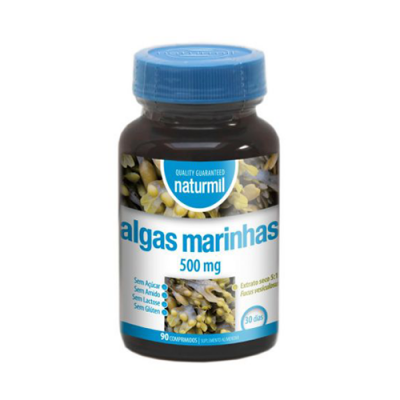 Frasco de suplemento de algas marinhas Naturmil 500 mg com tampa azul e rótulo branco e azul