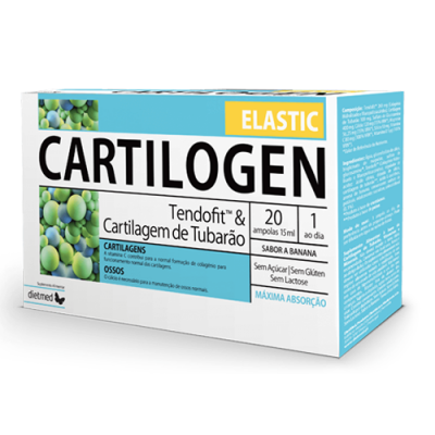 Embalagem de suplemento Cartilogen Elastic, 20 ampolas sabor banana