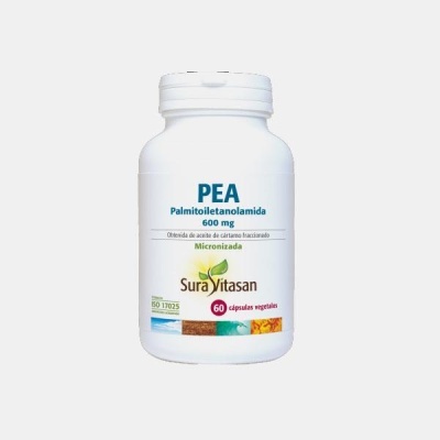 Frasco branco de suplemento PEA Palmitoiletanolamida 600 mg Sura Vitasan 60 cápsulas vegetais