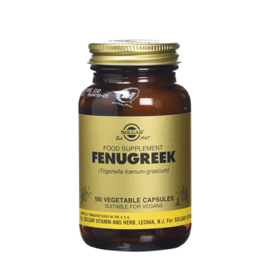Frasco de suplemento alimentar Solgar Fenugreek com cápsulas vegetais