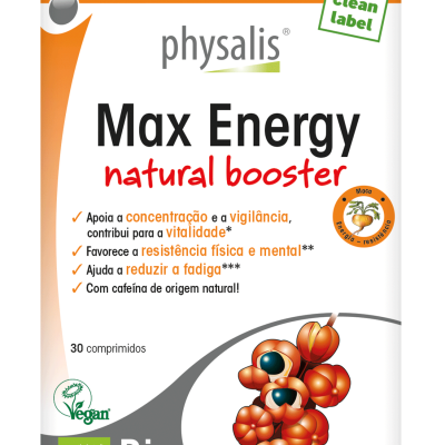 Caixa Max Energy natural booster physalis com selo vegan e Bio e imagem de bagas physalis