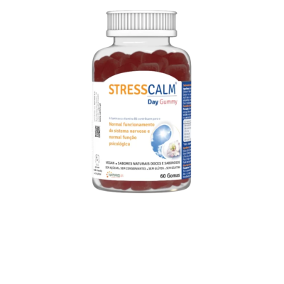 Frasco de STRESSCALM Day Gummy com gomas vermelhas e rótulo branco