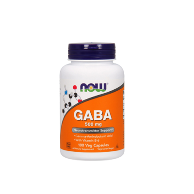Frasco de suplemento NOW GABA 500 mg com rótulo laranja e branco