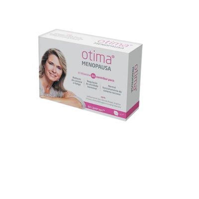 Suplemento alimentar Otima Menopausa em caixa branca com detalhes rosa