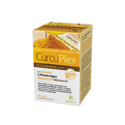 Embalagem do suplemento CurcuPlex com curcuma, pimenta negra, vitaminas D3 e K2, 60 cápsulas, Bio-Hera