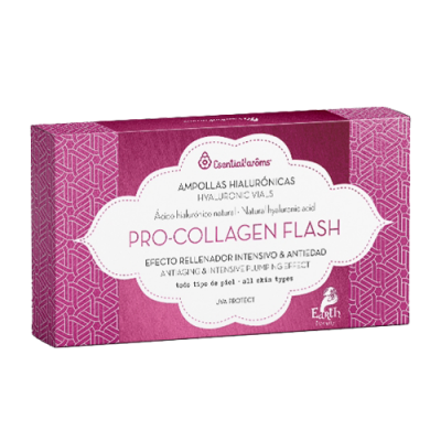 Embalagem rosa e branca de cosmético PRO-COLLAGEN FLASH com texto em espanhol e inglês