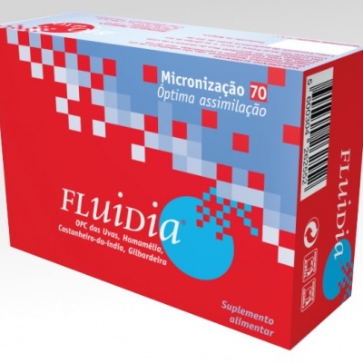 Embalagem vermelha de suplemento alimentar Fluidia com textos e padrão quadriculado branco e azul