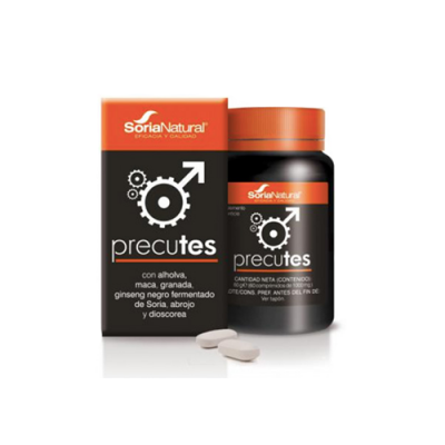 Suplemento alimentar Precutes Soria Natural em frasco preto com tampa laranja e caixa correspondente
