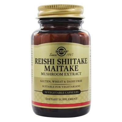 frasco suplemento Solgar Reishi Shiitake Maitake extrato cogumelos