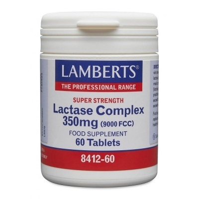 Frasco branco de suplemento alimentar Lamberts Lactase Complex 350mg com 60 comprimidos
