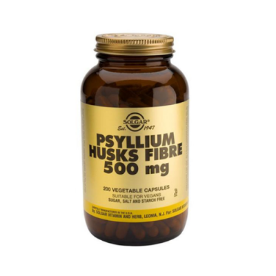 Frasco de suplemento Solgar Psyllium Husks Fibre 500 mg com 200 cápsulas vegetais