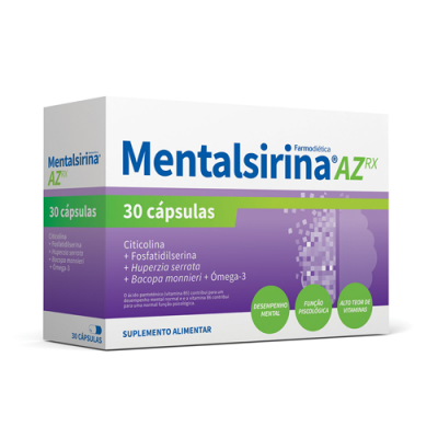 Embalagem do suplemento alimentar Mentalsirina AZ RX com 30 cápsulas, branco, verde e roxo