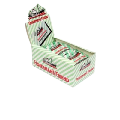 Expositor com caixas de pastilhas Fisherman's Friend verdes com listras brancas