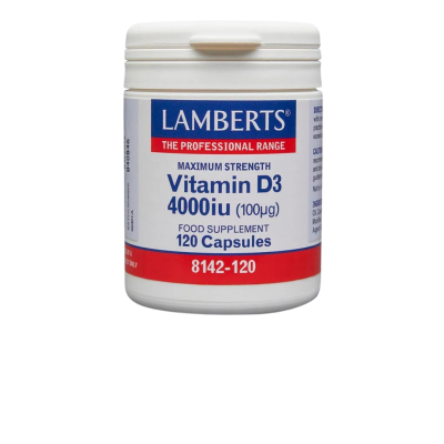 Frasco branco de vitamina D3 da marca Lamberts com 120 cápsulas