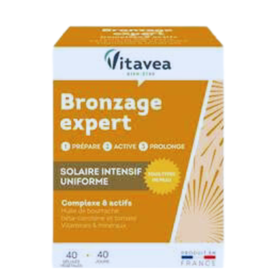 Embalagem do produto Vitavea Bronzage Expert com cores amarelo e branco