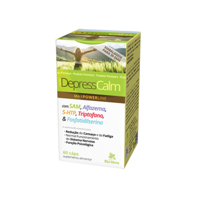 Caixa do suplemento alimentar DepressCalm com texto colorido e imagem de pessoa com braços abertos.
