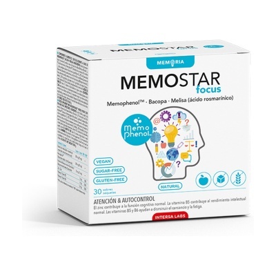 embalagem branca de suplemento alimentar MEMOSTAR focus com texto informativo