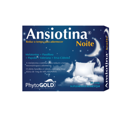 Embalagem azul escura do suplemento alimentar Ansiotina Noite com texto em branco e amarelo