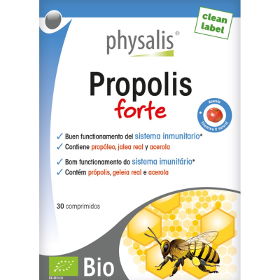 Embalagem de comprimidos Propolis forte physalis com imagem de abelha e favos de mel