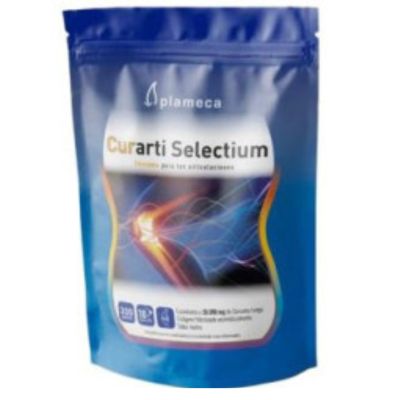 Embalagem azul de suplemento Curarti Selectium da Plameca com imagem de articulação