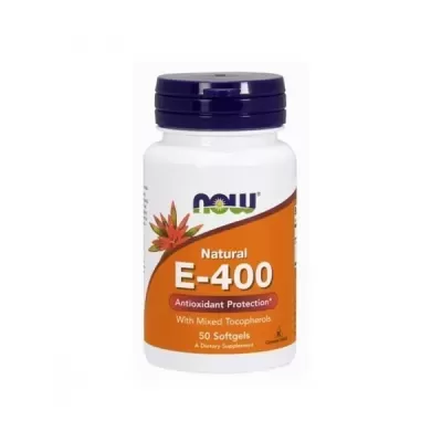 Frasco branco de suplemento NOW E-400 com rótulo laranja e tampa azul escura