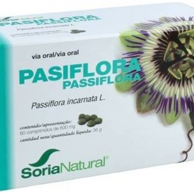 Caixa de comprimidos Pasiflora Passiflora com imagem da flor e texto informativo.