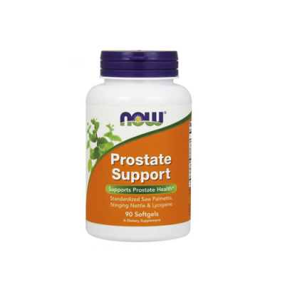Frasco de suplemento Prostate Support da NOW com rótulo laranja e roxo.